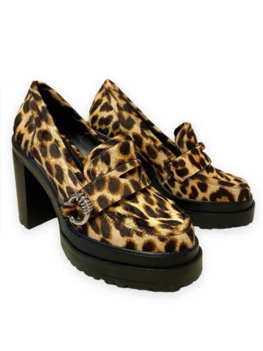GIANNI BINI Maxxwelle Leopard Fur Platform Penny Loafers Block Heel 9 NWOB